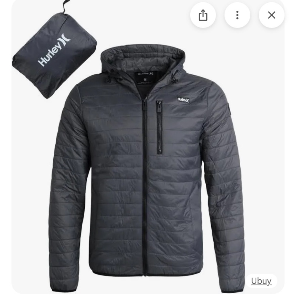 New Hurley Men's Packable Puffer Jacket Weather Resistant Windbreaker - Sz M